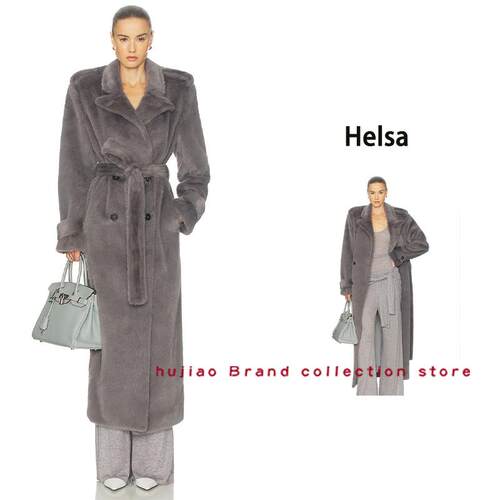 煳椒正品 Helsa 新款宽松翻领系带烟灰色毛茸茸垫肩慵懒风衣外套