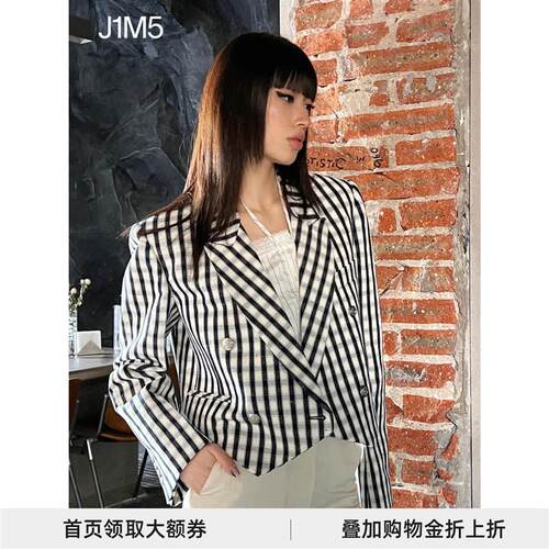 J1M5买手店 EENK 23春夏新品短款双排扣西装外套不对称设计师品牌