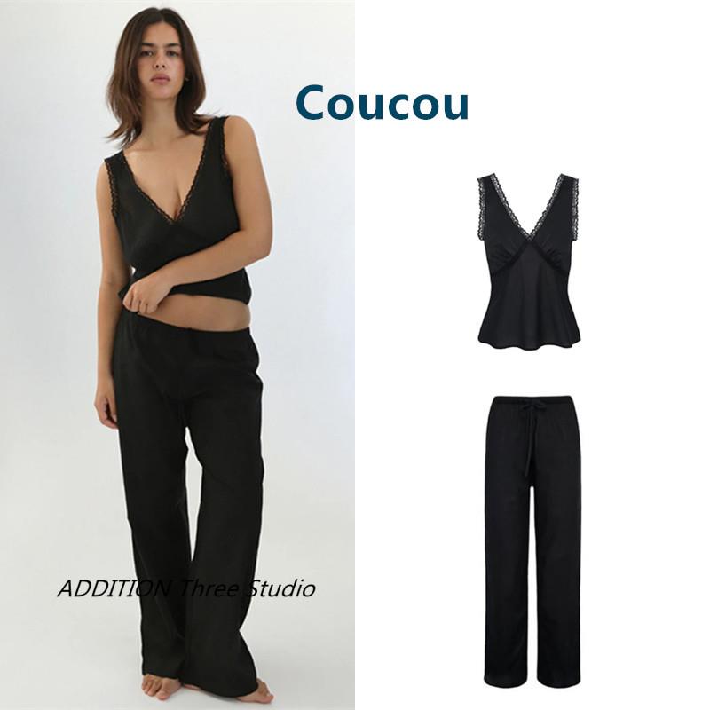 正品 Coucou 25夏款性感深V领蕾丝花边无袖背心上衣直筒长裤套装