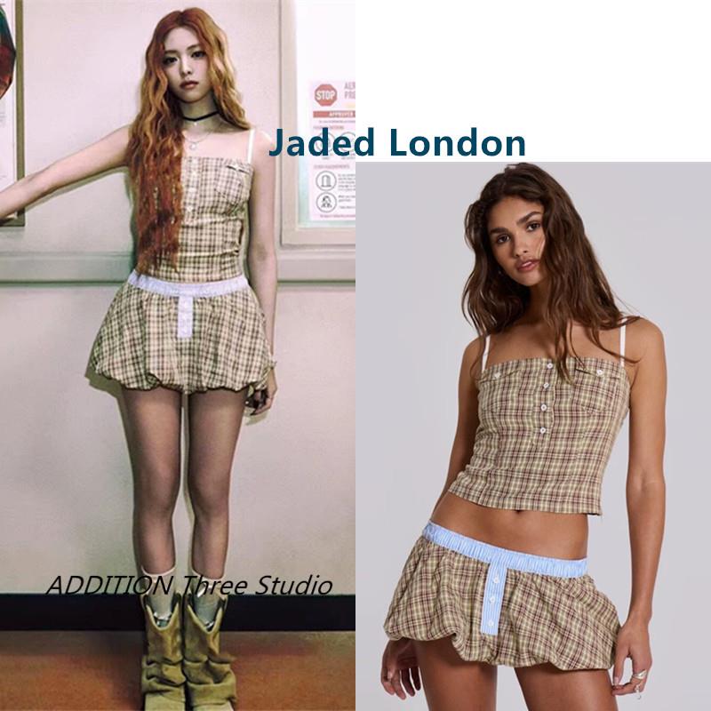 正品 Jaded London 虞书欣同款黄条纹格纹吊带背心低腰花苞半身裙