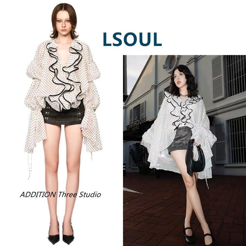 越南 LSOUL 春夏款气质波点荷叶边低V领轻薄透气宽松长袖衬衫女