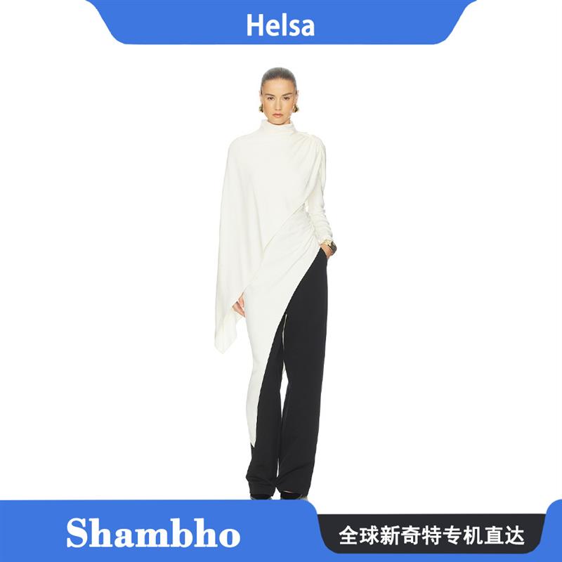 Shambho正品 Helsa 新品奶油色高领斗篷式不对称披肩领斜摆衬衫女