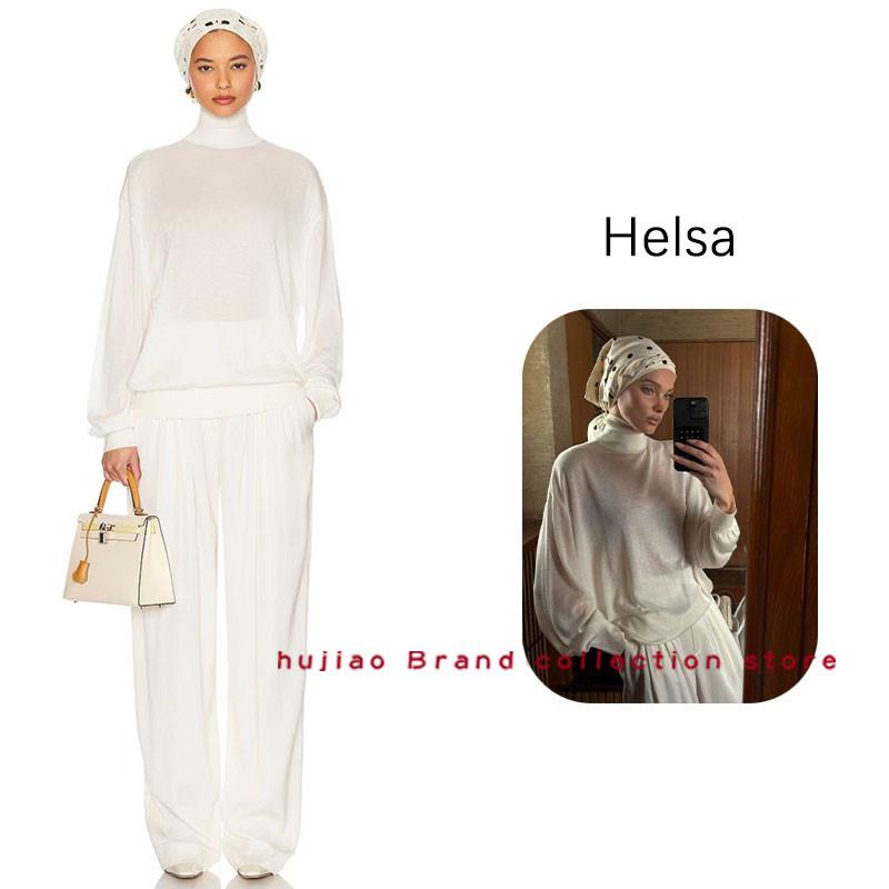 煳椒正品 Helsa 新款奶油色静奢风羊绒混织高领轻薄套头针织上衣