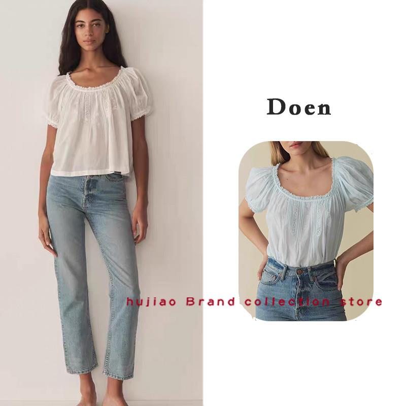 煳椒正品 DOEN 田园风蕾丝花边大U领衬衫有机棉纯色泡泡袖上衣