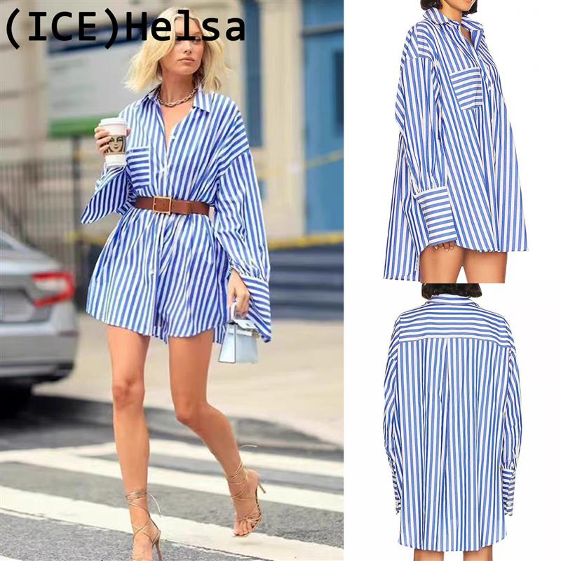 ice买手店现货正品Helsa男友风Elsa Hosk同款蓝色条纹宽松衬衫女