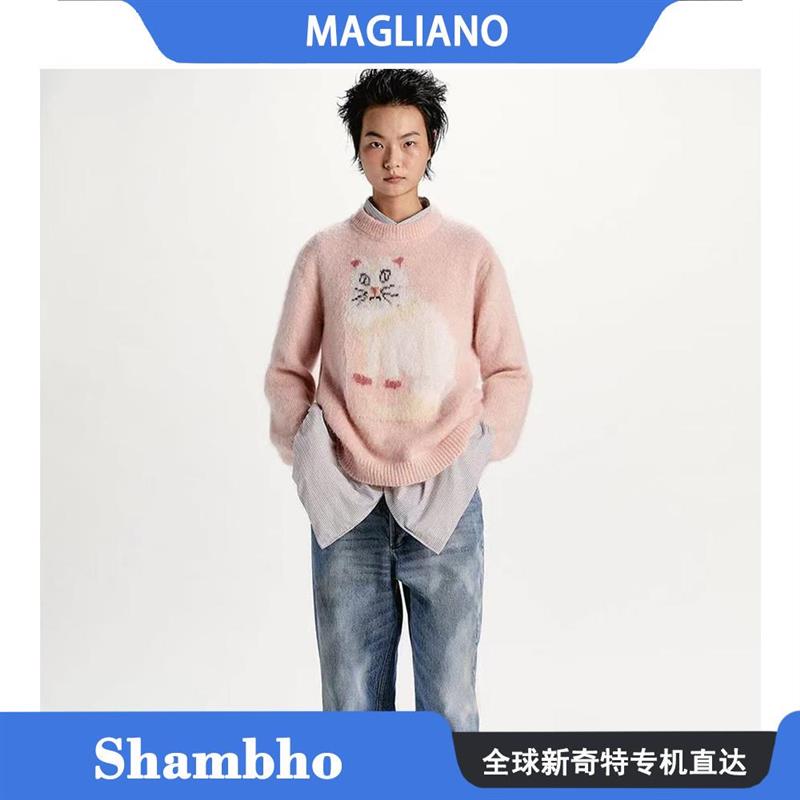 Shambho正品MAGLIANO 可爱猫咪图案提花长袖圆领套头针织衫毛衣女