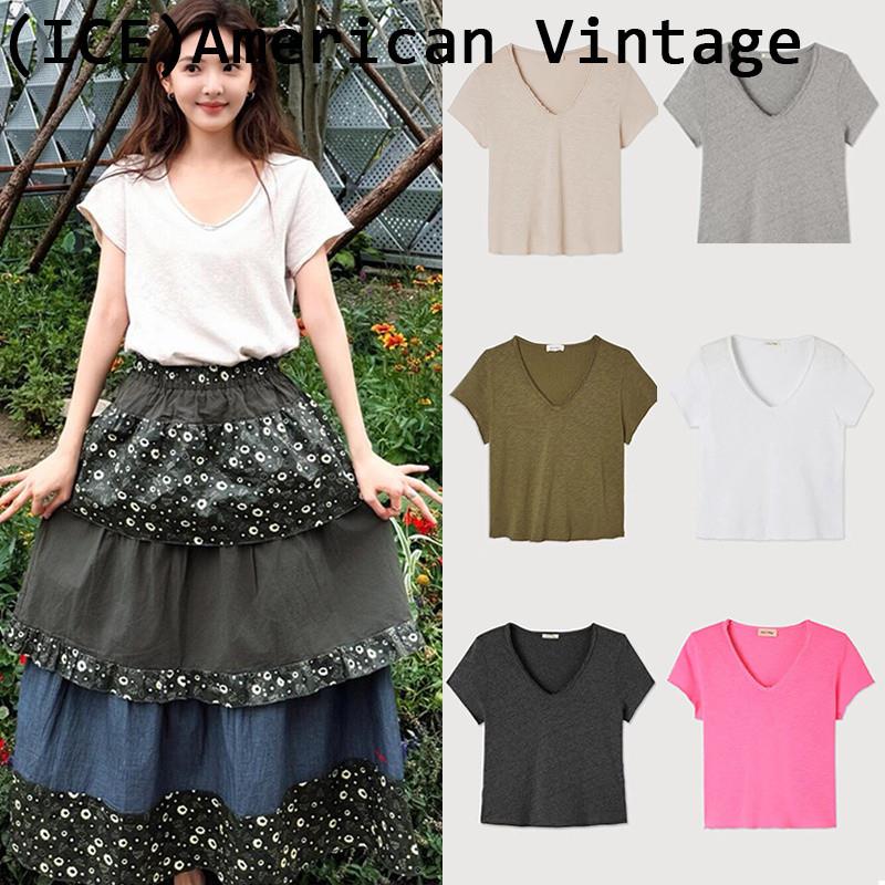 Ice买手店现货正品American vintage章若楠同款短袖卷边V领T恤衣
