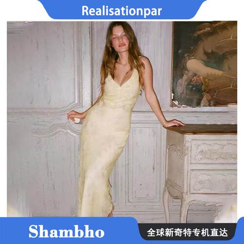 Shambho正品Realisation 新款法式荷叶边碎花V领收腰吊带洋装