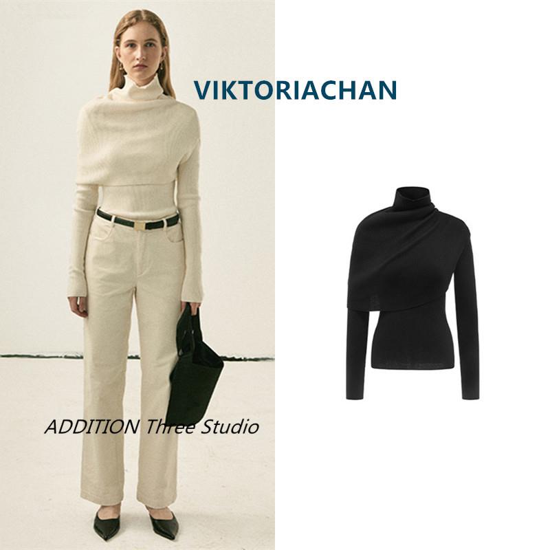 现货 VIKTORIACHAN 秋冬款气质纯色套头高领披肩长袖针织衫两件套