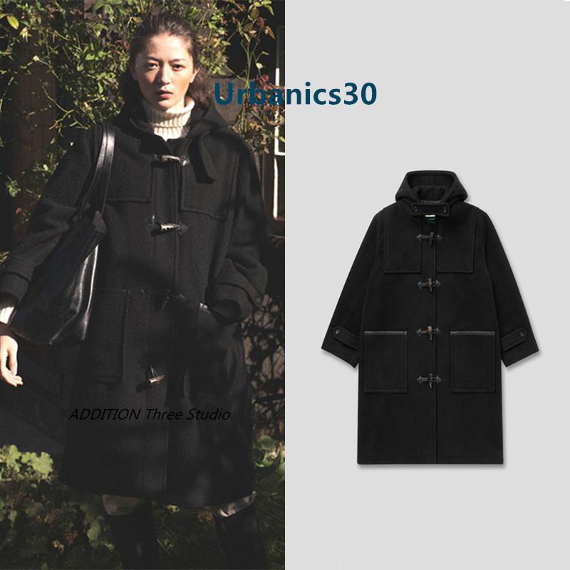 折扣 Urbanic30 23秋冬新款韩版连帽牛角扣中长款宽松毛呢外套女