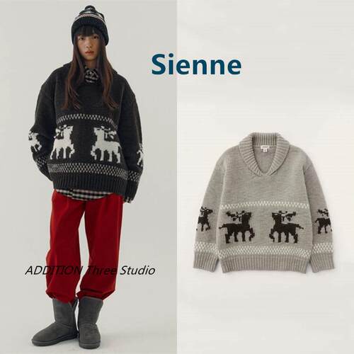 正品 Sienne 23冬季新款圣诞麋鹿提花翻领套头宽松长袖针织毛衣女
