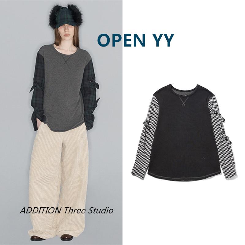 折扣 OPEN YY 秋冬新款圆领蝴蝶结格纹拼接宽松套头长袖T恤上衣女