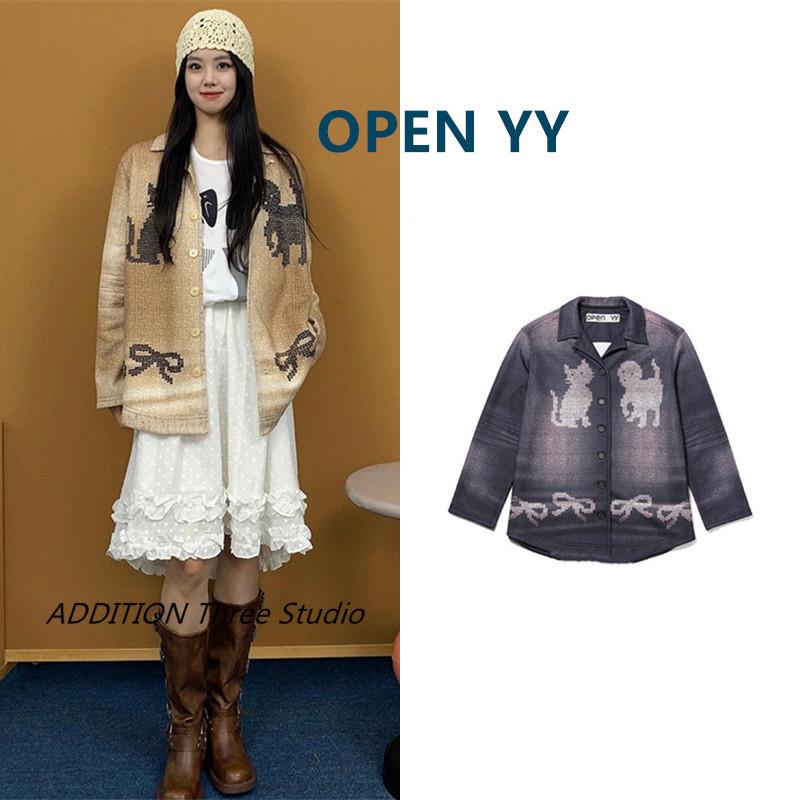 韩国正品 OPEN YY 24秋季新款简约翻领宠物图案印花衬衫外套长裤