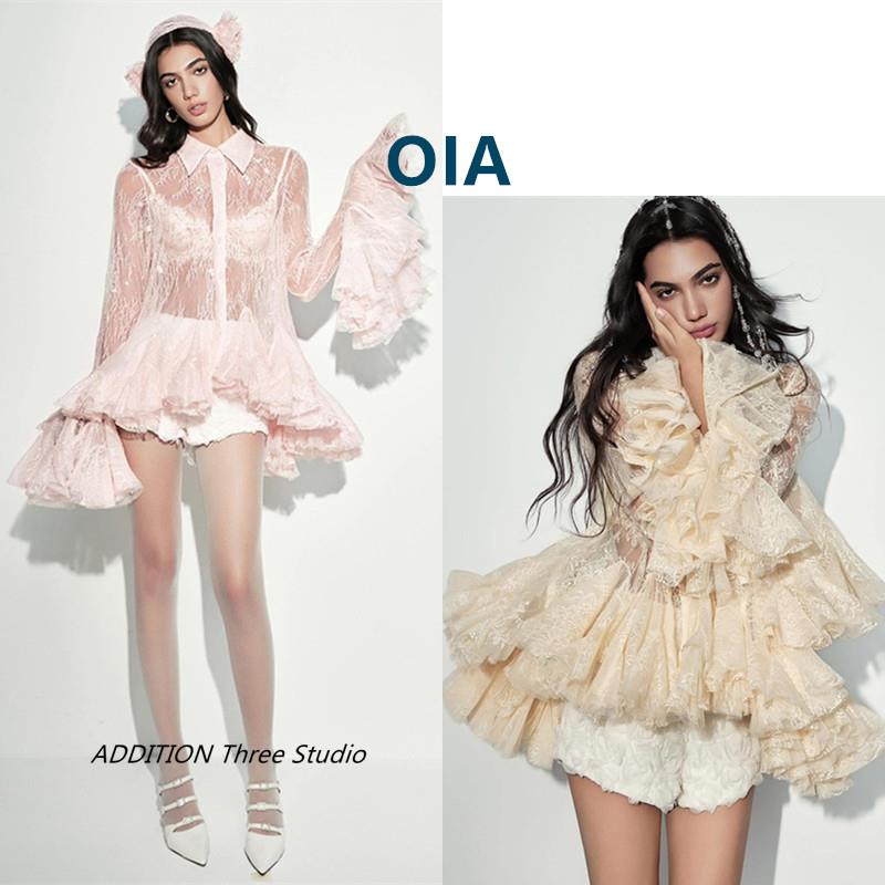 越南 OIA 25夏季新款甜美蕾丝荷叶边翻领透视宽松喇叭袖衬衫上衣