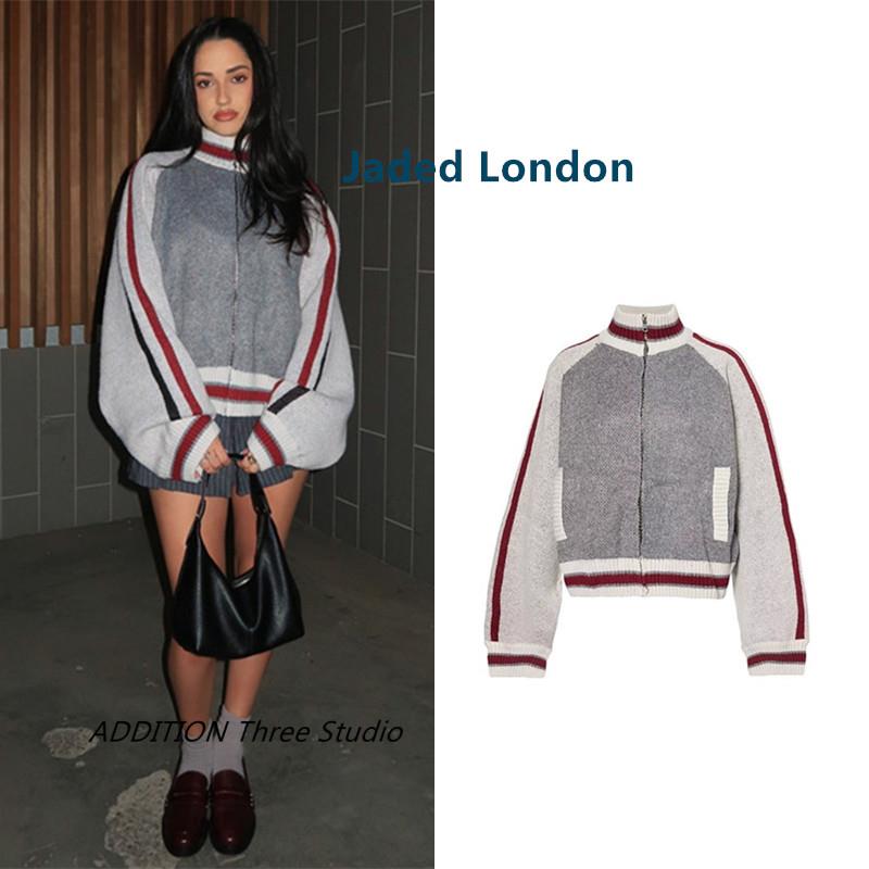 折扣 Jaded London 秋冬款复古字母拉链条纹立领针织开衫毛衣外套