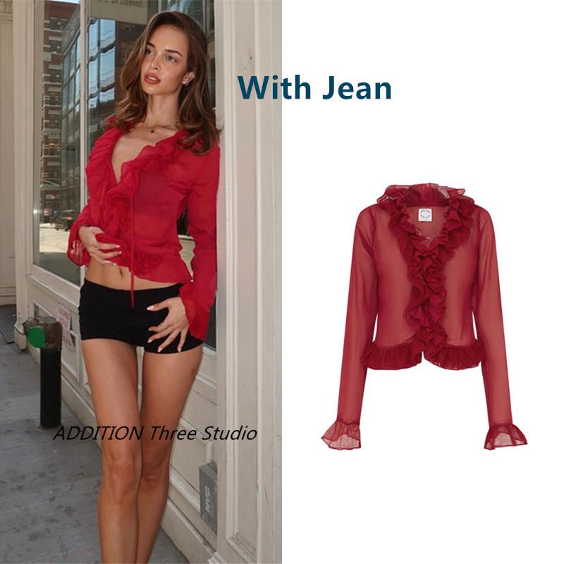 正品 With Jean 24新款法式复古性感辣妹荷叶边饰V领长袖衬衫女