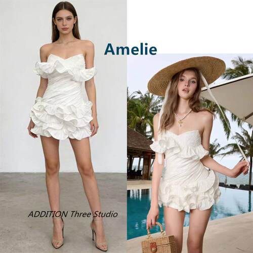 越南小众 Amelie 26新款气质公主风不规则荷叶边蓬蓬抹胸连衣裙女