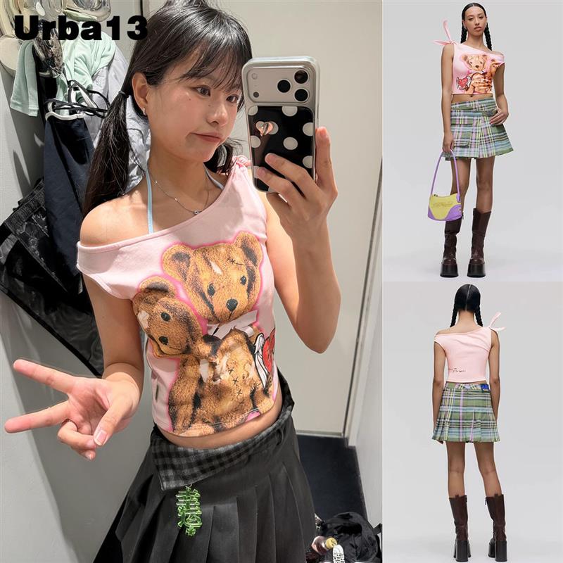 Urba13买手店现货正品Heaven背心小熊印花粉色单肩绑带上衣吊带女