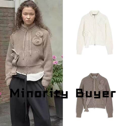 现货买手店 OPEN YY 新款立体花朵拉炼针织开衫女立领毛衣外套