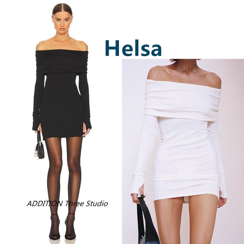 折扣 Helsa 温柔气质性感纯色一字领露肩抹胸修身长袖包臀连衣裙