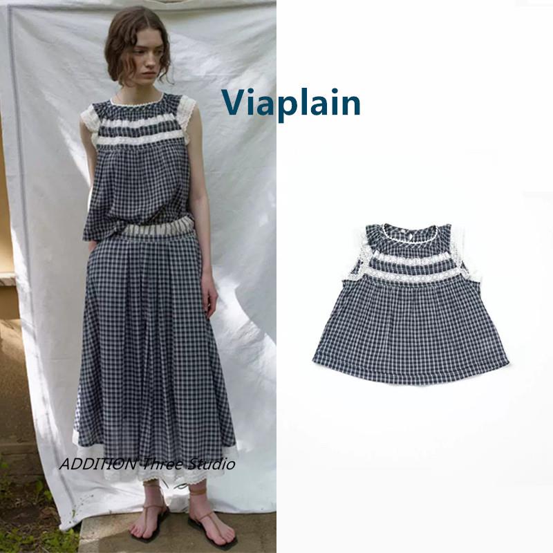 韩国 Viaplain 26夏款全秀林同款甜美格纹蕾丝花边背心衬衫上衣女