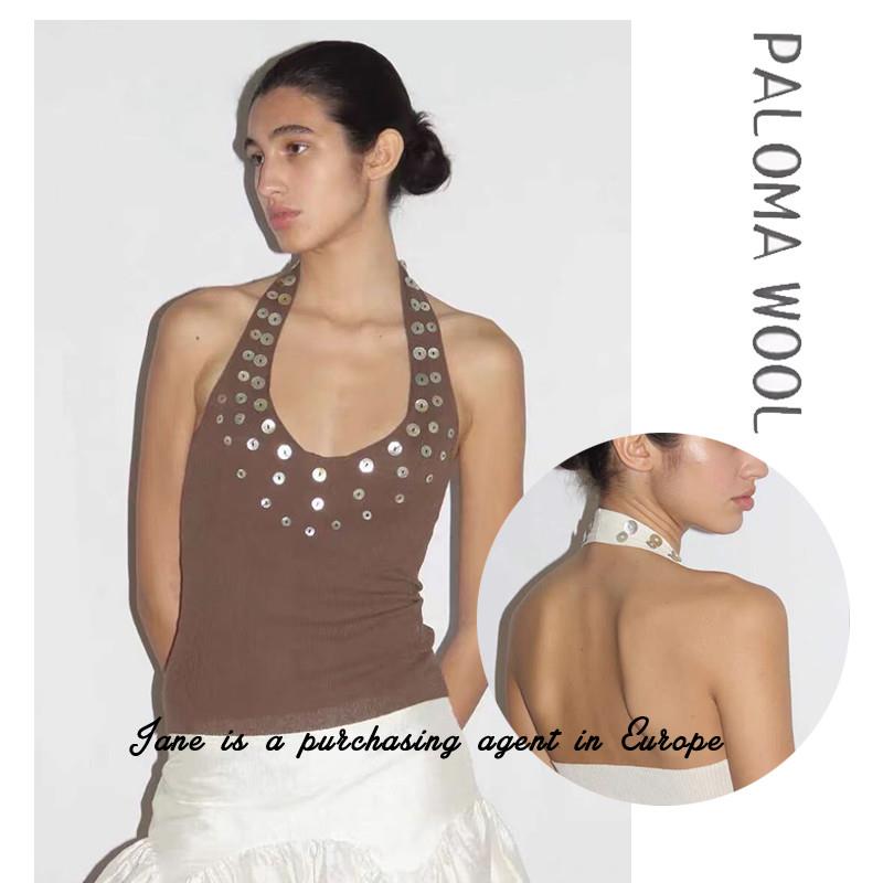 国现 西班牙直邮 PALOMA WOOL 不规则川贝母亮片螺纹针织挂颈背心