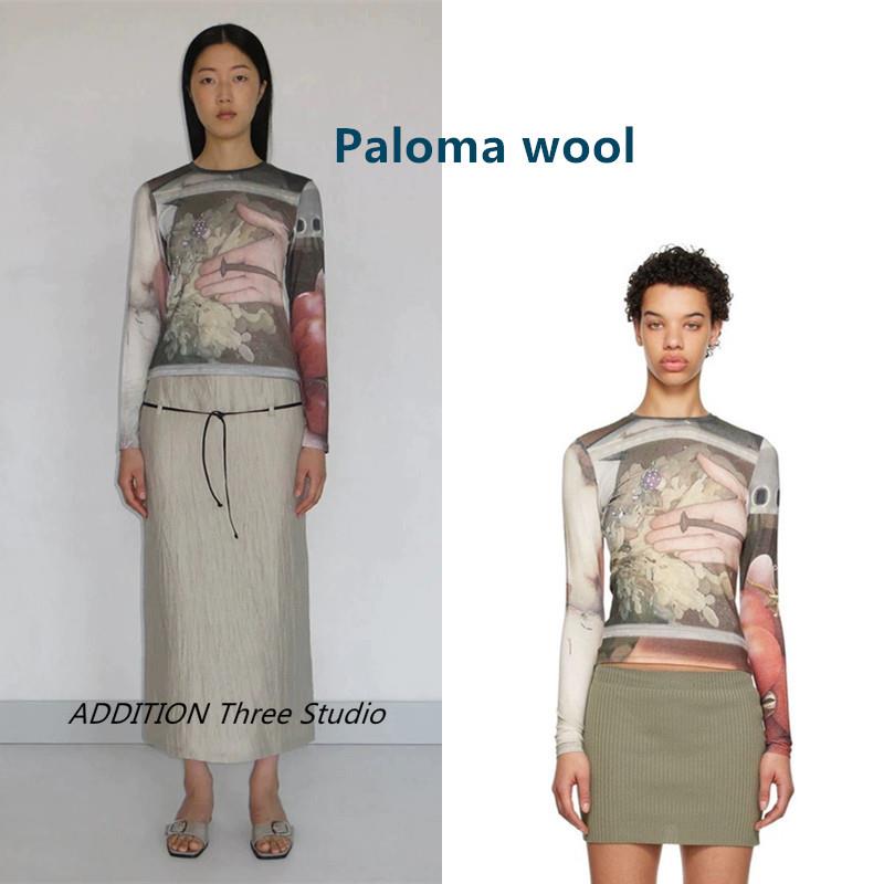 少现 Paloma Wool 23新款圆领印花套头修身弹力长袖百搭T恤上衣女