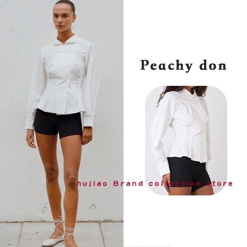 煳椒正品 Peachy den 白衬衫25秋钮扣褶皱娃娃领收腰长袖衬上衣