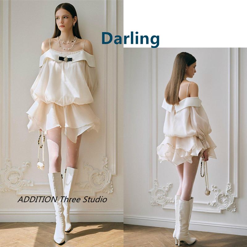 越南小众 Darling 春夏款气质淑女甜美一字肩薄纱荷叶裙摆套装裙