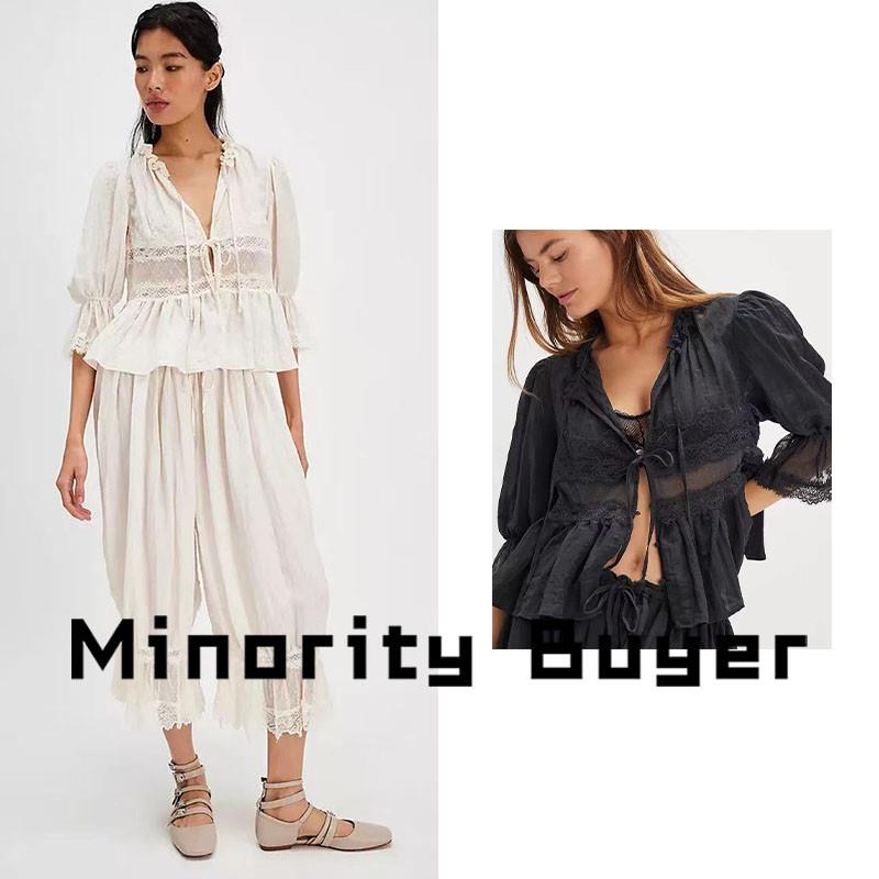 现货 买手店 Free People 法式浪漫风蕾丝拼接系带上衣裤子套装