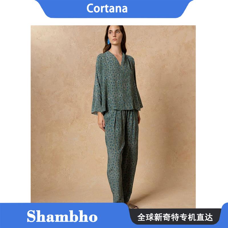 Shambho正品 Cortana 孔雀蓝印花真丝挂颈背心衬衫半裙腰阔腿裤女