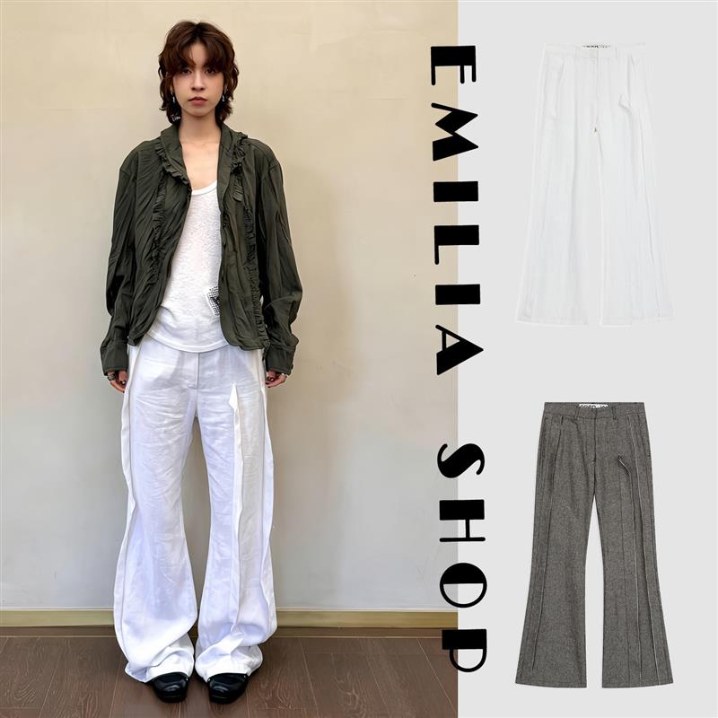 买手店正品OPEN YY复古亚麻拼接裤子中性休闲裤阔腿裤长裤女