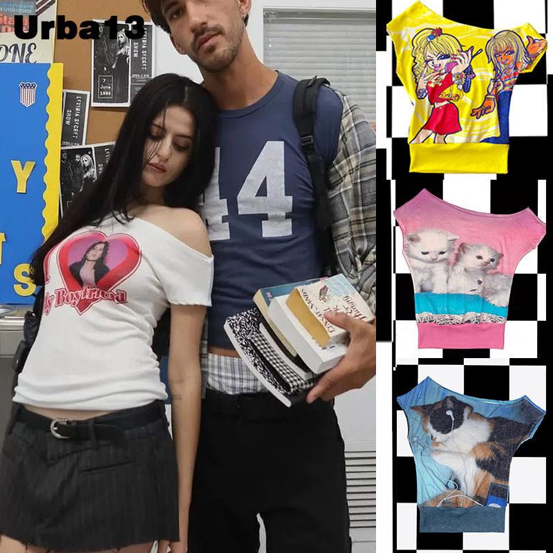 Urba13买手店现货正品Omighty短袖斜肩不对称y2k辣妹露肩上衣T恤