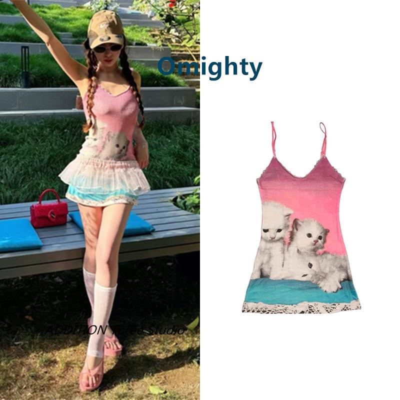 正品 Omighty 25春夏新款性感辣妹风粉色猫咪印花修身吊带连衣裙