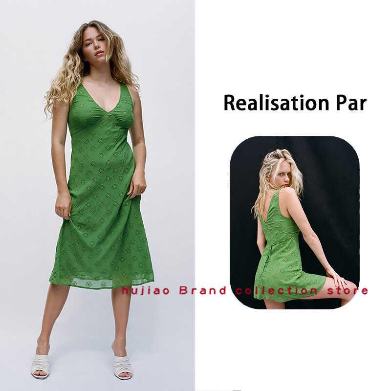 煳椒正品 RealisationPar 镂空碎花刺绣真丝深V领绿色长裙连衣裙