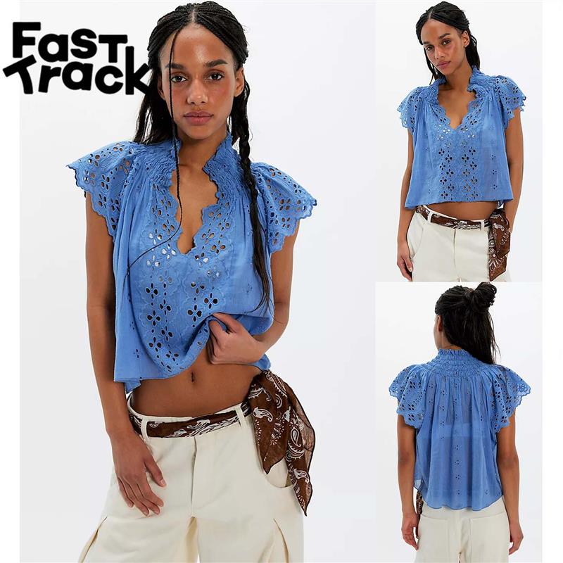 Free people新款V领荷叶边蕾丝减龄短袖衬衫上衣