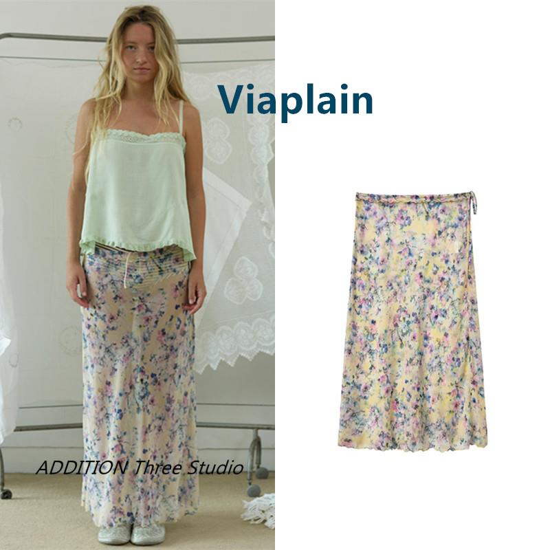 正品 Viaplain 26夏季新款温柔复古彩色花朵印花绑带显瘦半身裙女