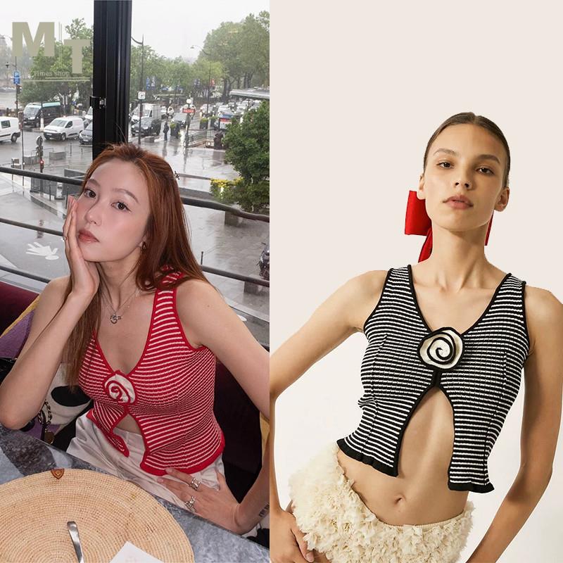 Tach 法式性感V领条纹立体花朵下摆开衩无袖针织背心上衣