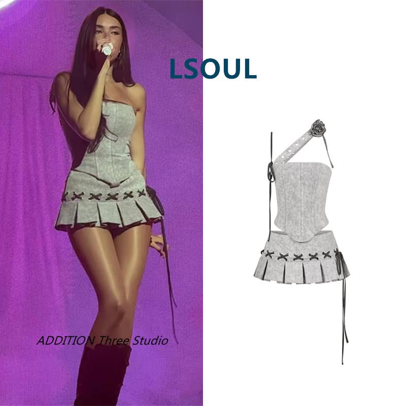 正品 LSOUL 春夏款灰色立体花朵抹胸绑带上衣短款百褶半身裙套装