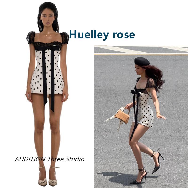 越南 Huelley rose 25春夏新款波点蕾丝拼接蝴蝶结飘带迷你连衣裙