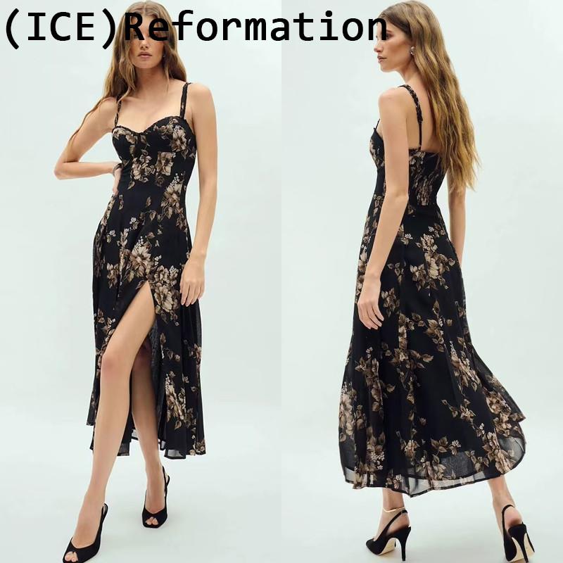 icc买手店正品Reformation中长裙25新款收腰低胸开叉吊带洋装女