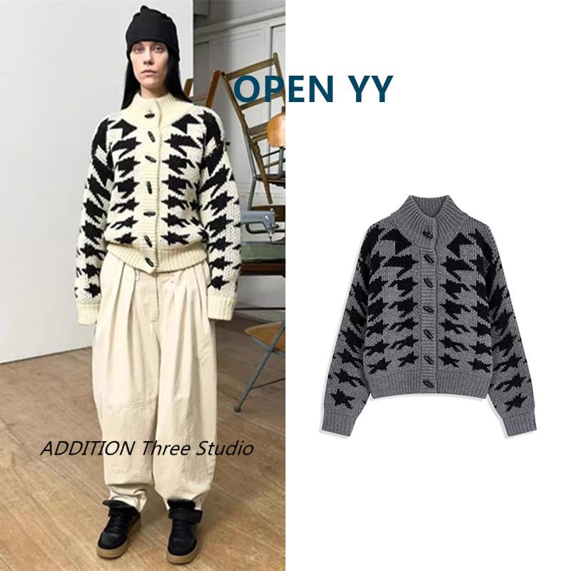 折扣 OPEN YY 25早秋新款韩版高领牛角扣千鸟格宽松针织开衫毛衣