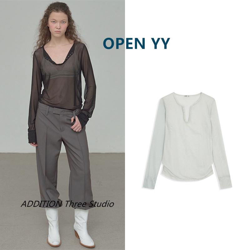 韩国 OPEN YY 26早春新款简约纯色亨利系扣网纱叠穿长袖T恤上衣女