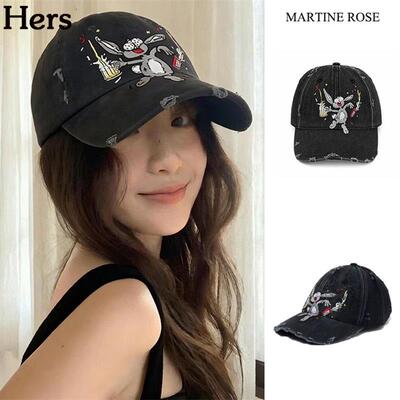 正品MARTINE ROSE韩国品牌复古做旧字母刺绣鸭舌棒球帽女