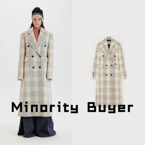 Minority买手店 EENK 灰白色格纹双排扣西装领口袋中长版长袖大衣