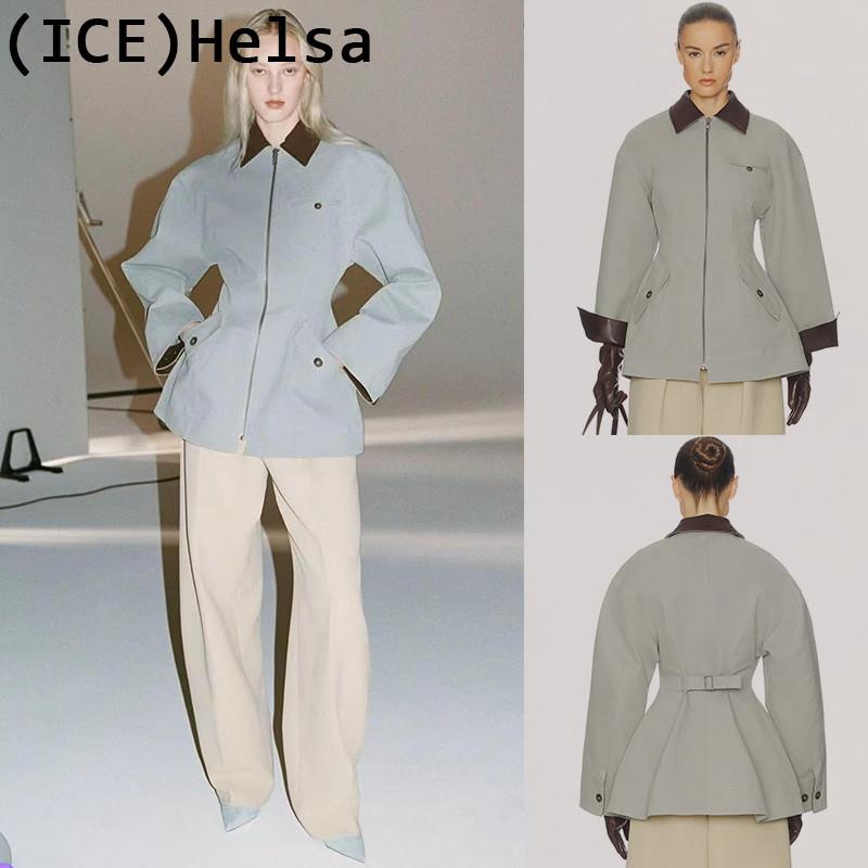 ice买手店正品折扣Helsa外套25冬季新款撞色拼接收腰翻领皮衣夹克