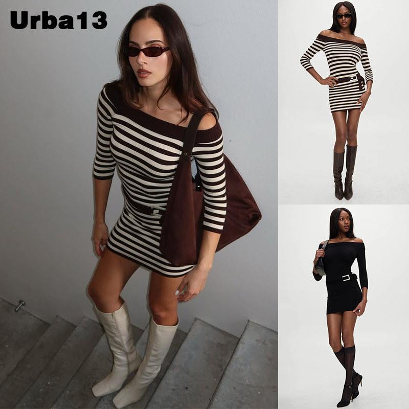 Urba13买手店现货正品Frankies bikinis一字肩针织条纹包臀裙短裙