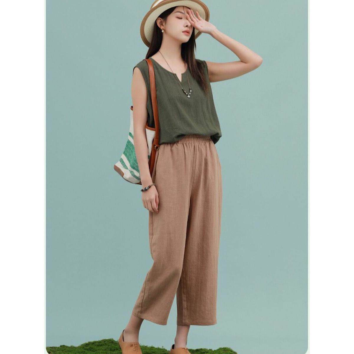 米璐公主直筒阔腿裤女夏季显瘦薄款苎麻天丝高腰休闲长裤子24727