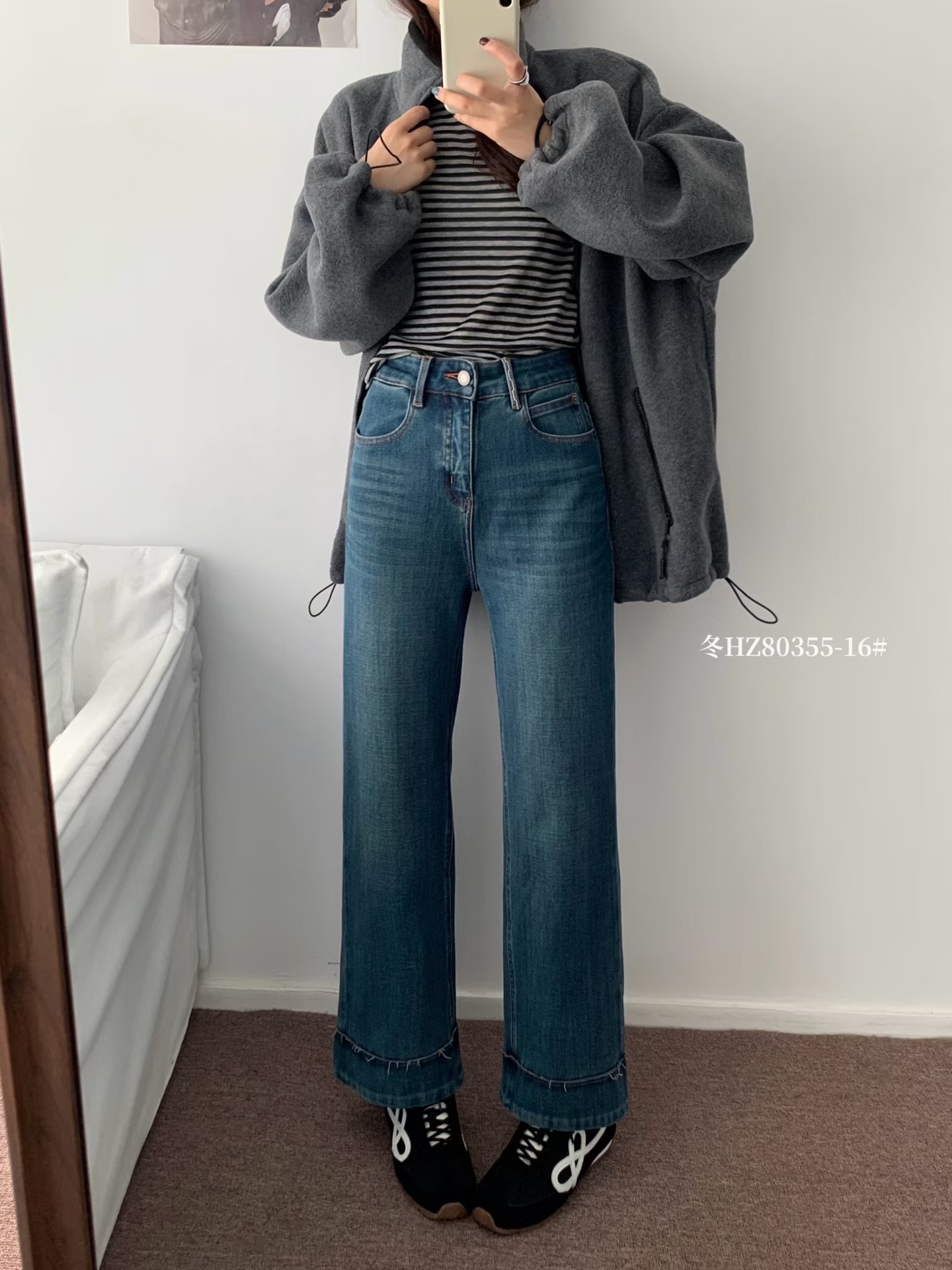 ZVZO抓毛保暖四面弹简约高级韩版高腰百搭小个子友好牛仔裤女