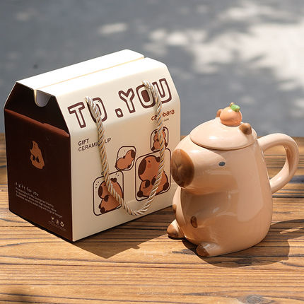 卡皮巴拉杯子创意儿童马克杯卡通水杯带盖家用陶瓷杯搞怪水豚杯子